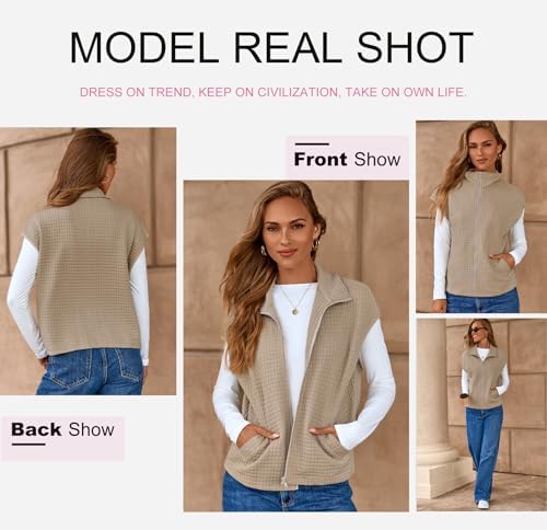 Dokotoo Women's Waffle Knit Zipper Vest Top - Oversized Cap Sleeve with Side Pockets for Casual Summer Wear 2025