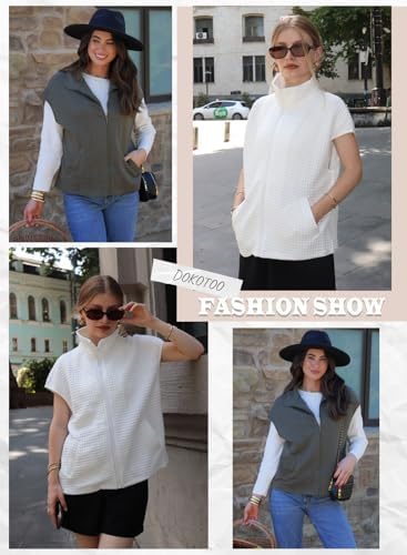 Dokotoo Women's Waffle Knit Zipper Vest Top - Oversized Cap Sleeve with Side Pockets for Casual Summer Wear 2025