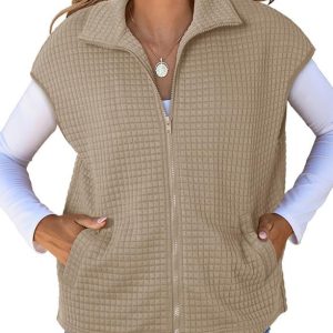 Dokotoo Women's Waffle Knit Zipper Vest Top - Oversized Cap Sleeve with Side Pockets for Casual Summer Wear 2025