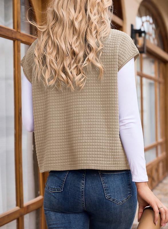 Dokotoo Women's Waffle Knit Zipper Vest Top - Oversized Cap Sleeve with Side Pockets for Casual Summer Wear 2025